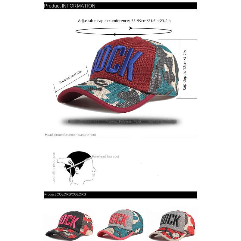 ROCK Embroidery Camouflage Baseball Cap Stylish Adjustable Sunscreen Dad Hats