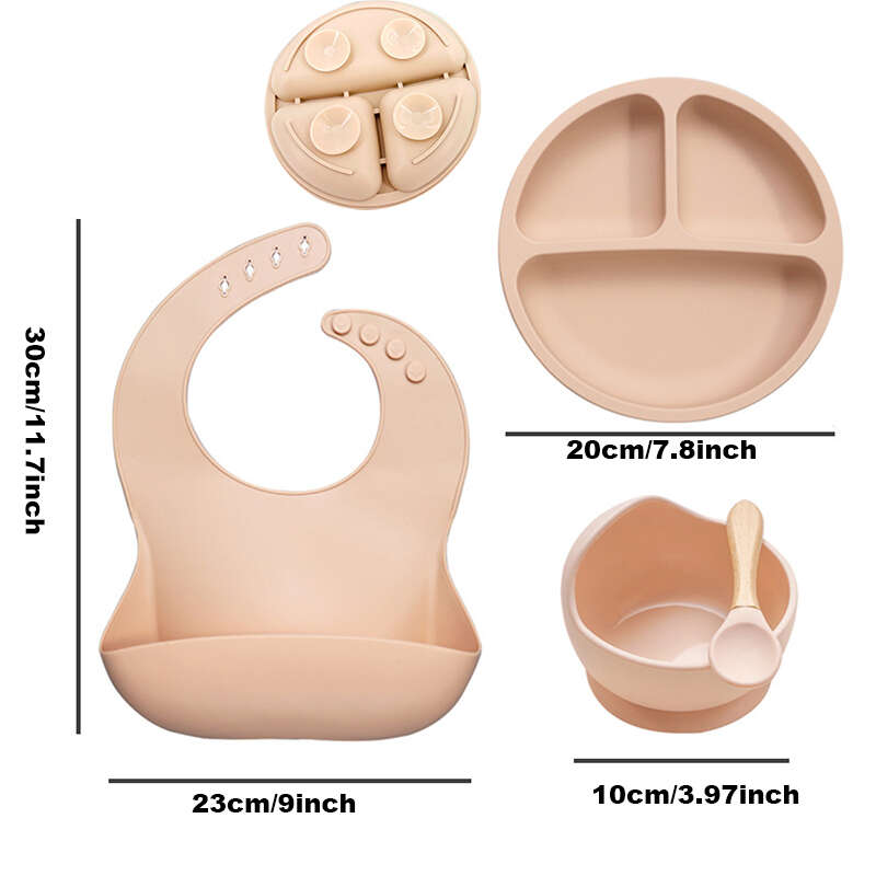 5 Piece Baby Tableware Set Silicone Bowls Wooden Fork & Spoon and Bib