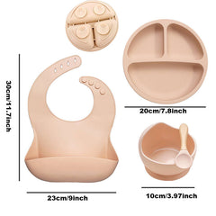 5 Piece Baby Tableware Set Silicone Bowls Wooden Fork & Spoon and Bib