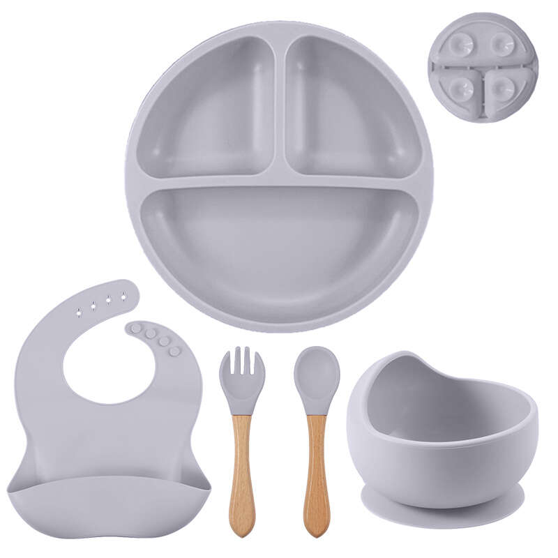 5 Piece Baby Tableware Set Silicone Bowls Wooden Fork & Spoon and Bib