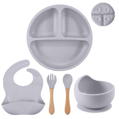 5 Piece Baby Tableware Set Silicone Bowls Wooden Fork & Spoon and Bib