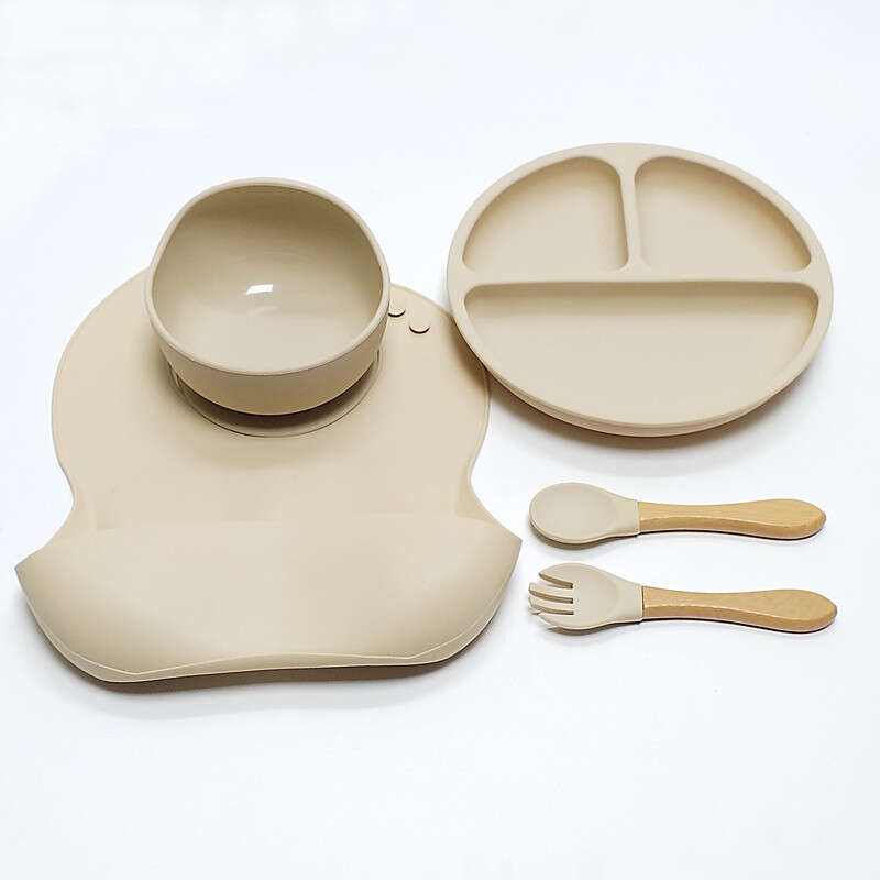 5 Piece Baby Tableware Set Silicone Bowls Wooden Fork & Spoon and Bib
