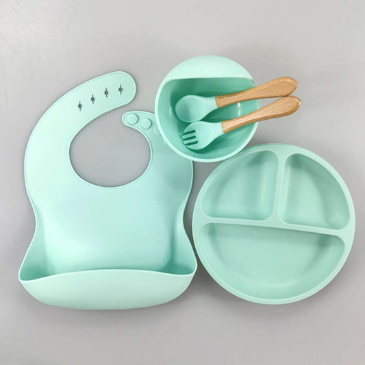 5 Piece Baby Tableware Set Silicone Bowls Wooden Fork & Spoon and Bib