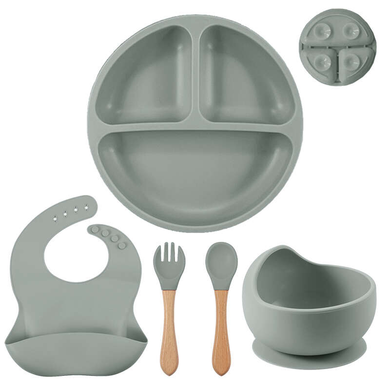 5 Piece Baby Tableware Set Silicone Bowls Wooden Fork & Spoon and Bib