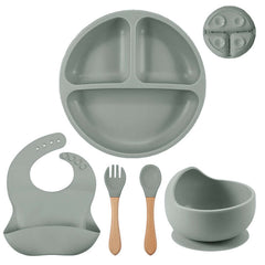 5 Piece Baby Tableware Set Silicone Bowls Wooden Fork & Spoon and Bib