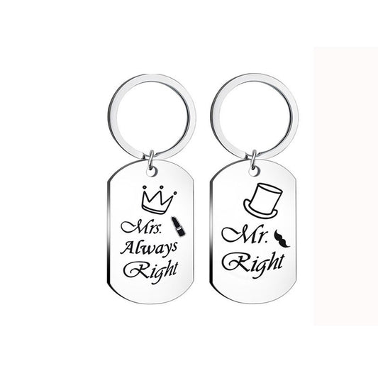 Engraved Couple Stainless Steel Keychain Pendant Mr Mrs Right Key Ring