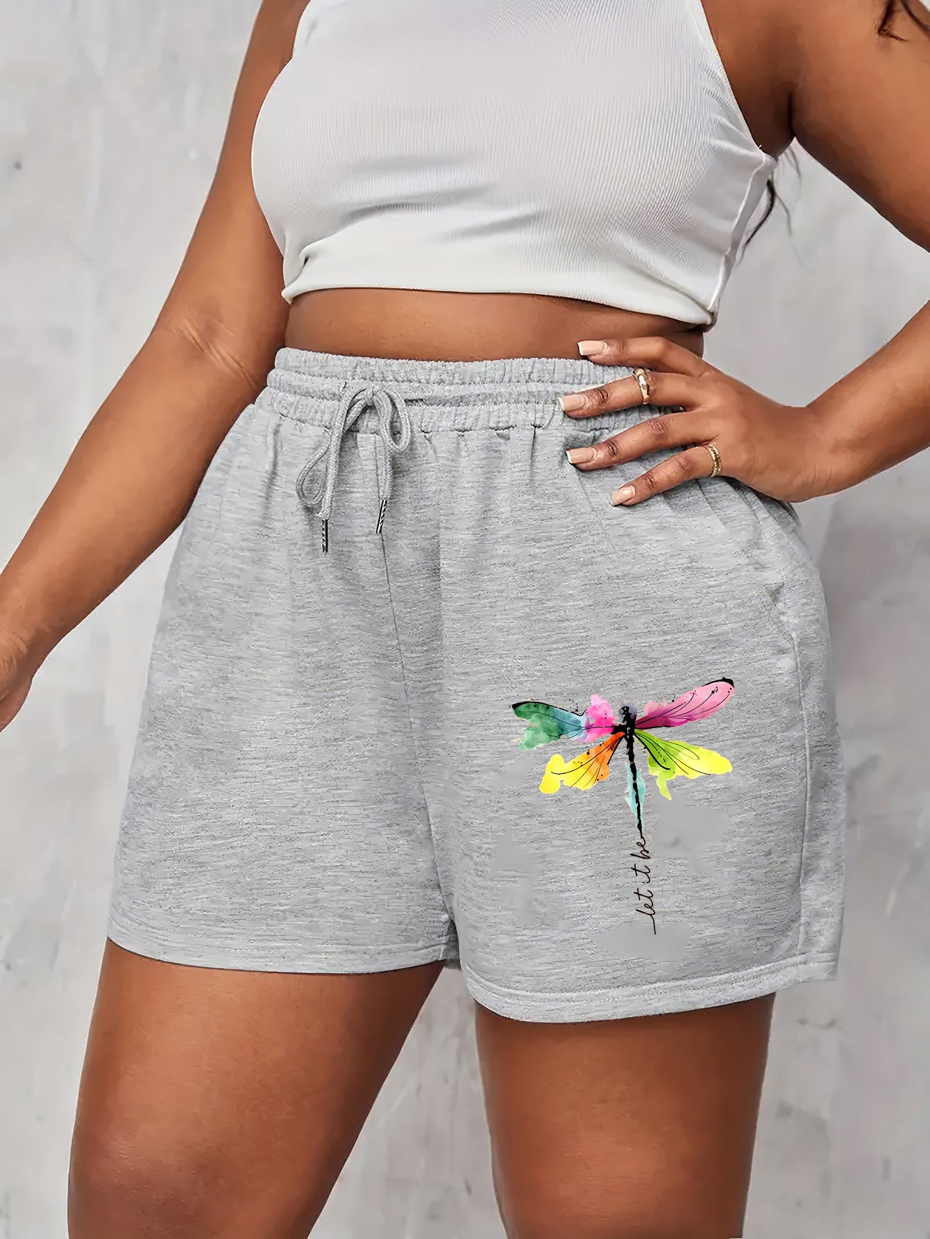 Dragonfly Print Elastic Drawstring Shorts with Pockets