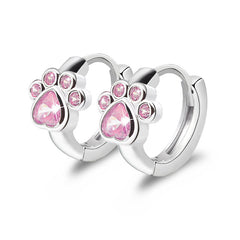 Cat & Dog Paw Small Hoop Earrings 925 Silver Pink Diamond