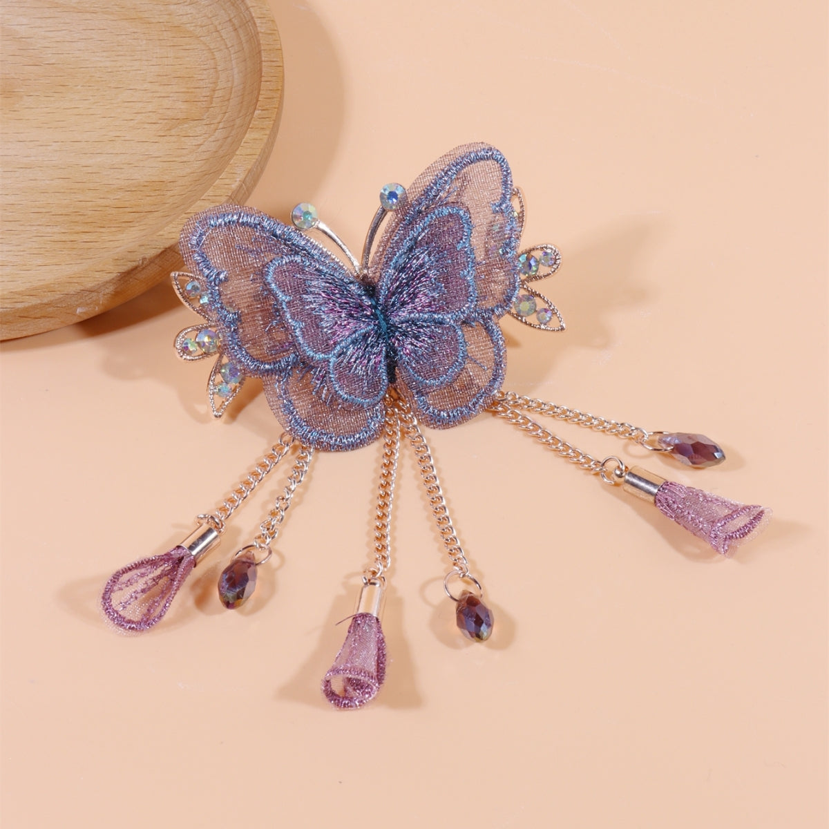 Butterfly Embroidered Hair Claw Clip with Tassel Chain