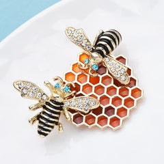 Enamel Honeycomb Bees Brooch Rhinestone Insects Corsage Pin