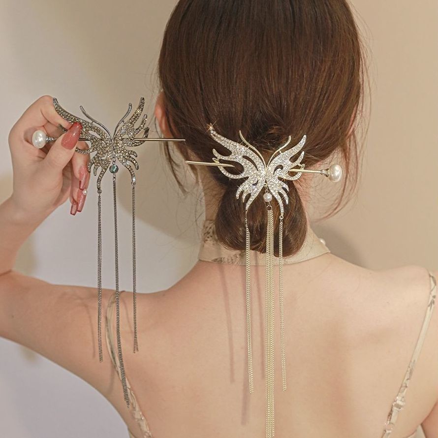 Rhinestone Hair Cuff Stick with Glitter Tassel Hair Pin for Women Girls