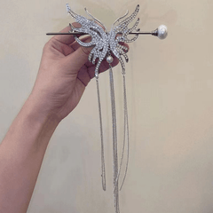 Rhinestone Hair Cuff Stick with Glitter Tassel Hair Pin for Women Girls