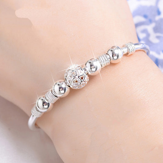 Hollow Heart Pattern Bead Stainless Steel Bangle Bracelet
