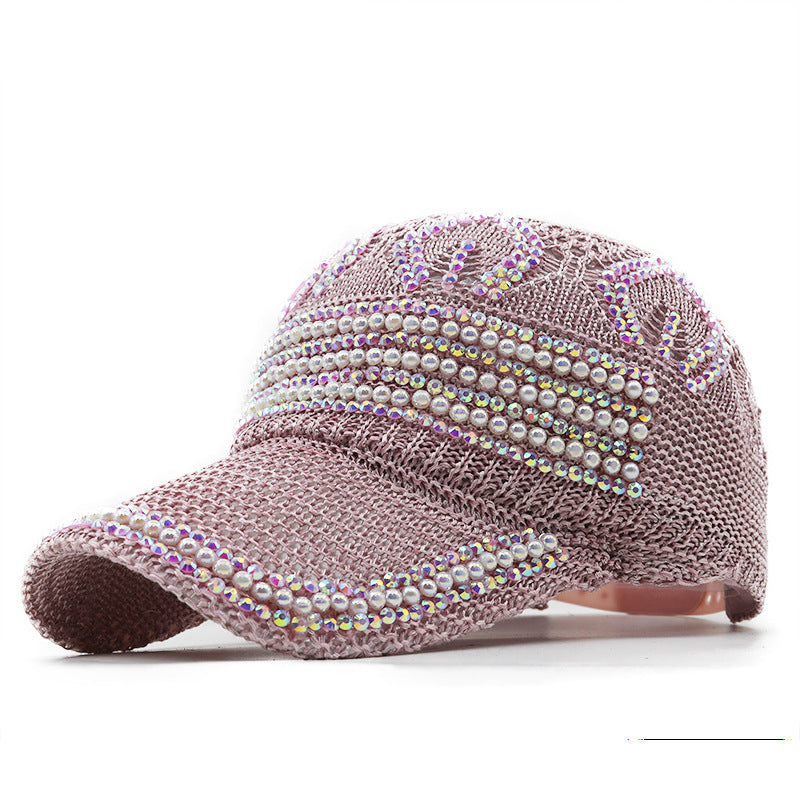 Breathable Pearl Rhinestone Baseball Cap Sun Hat