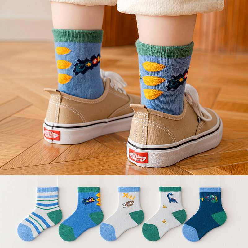 5pairs Little Dinosaur Pattern Kids Socks Breathable Crew Socks