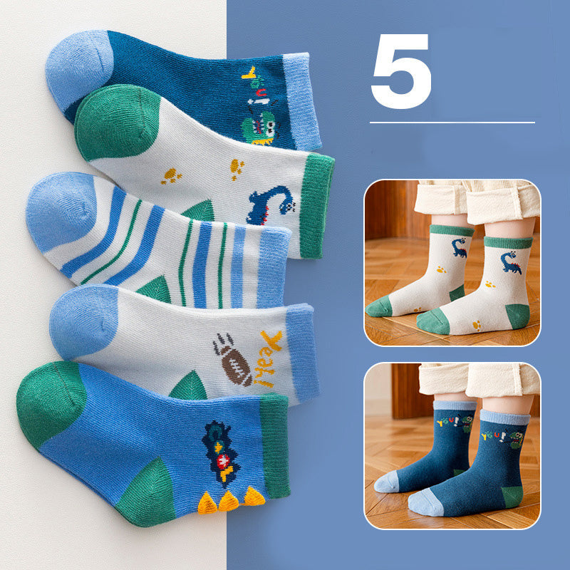 5pairs Little Dinosaur Pattern Kids Socks Breathable Crew Socks