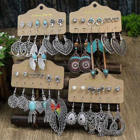 Vintage Boho Style Earrings Set Leaf Wing Tree Of Life Owl Pattern Drop Earrings