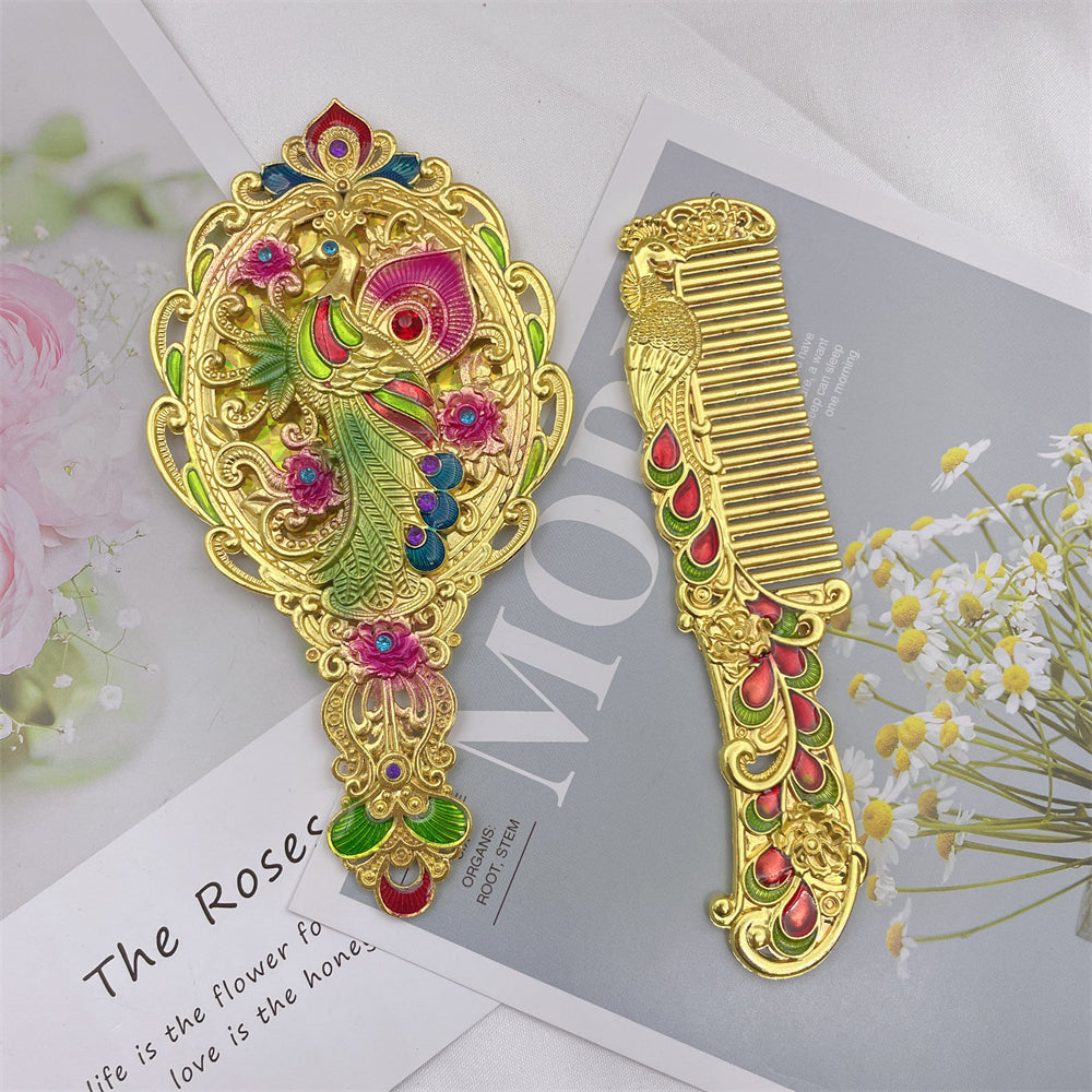 Classic Peacock Handle Mirror Comb Kit