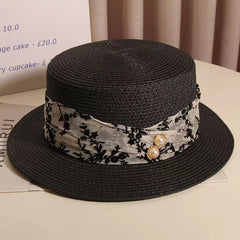 Straw Hat Summer British Retro Flat Top Hat Beach Seaside Vacation Sun Hat