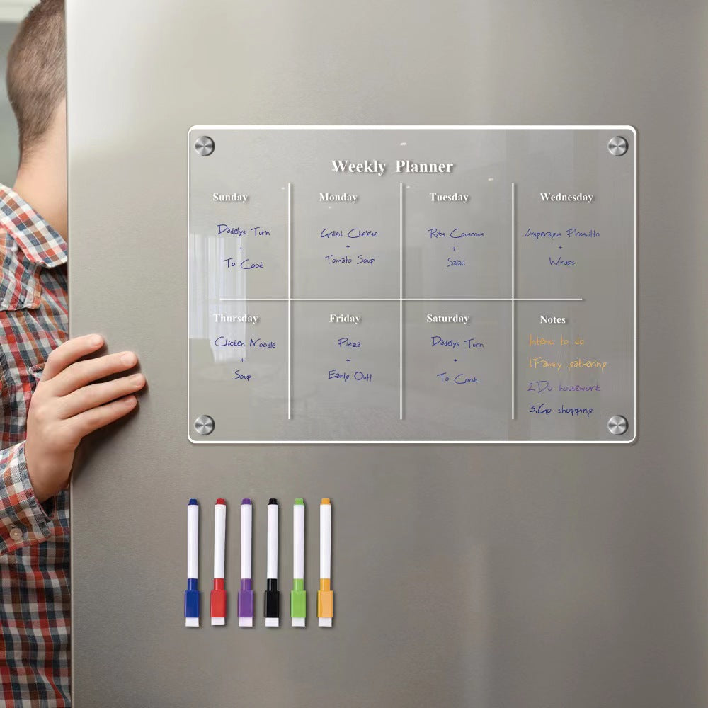Acrylic Magnetic Weekly Calendar For Fridge + 6 Dry Erase Markers