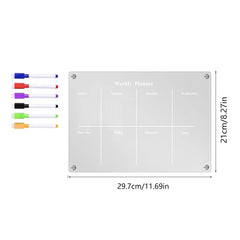 Acrylic Magnetic Weekly Calendar For Fridge + 6 Dry Erase Markers