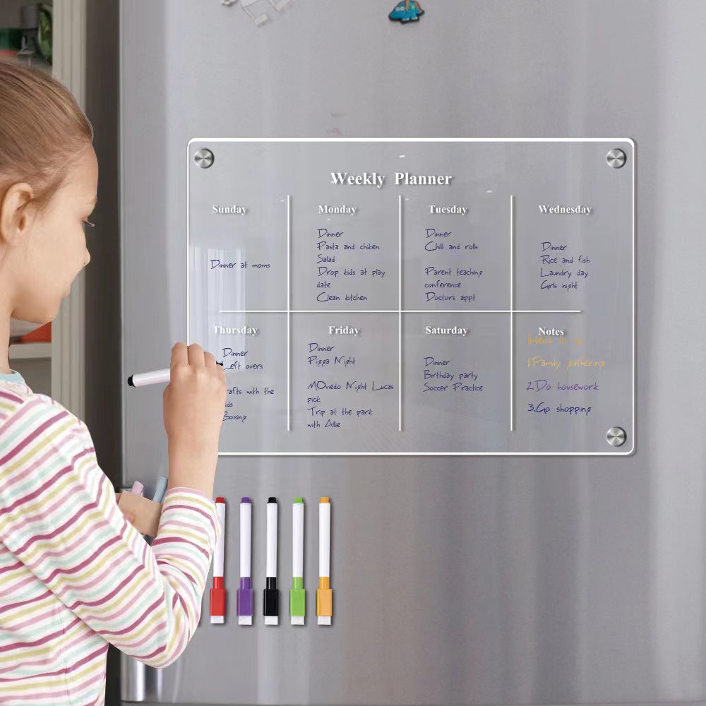 Acrylic Magnetic Weekly Calendar For Fridge + 6 Dry Erase Markers