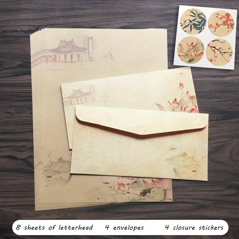 Classic Retro Stationery Set with 16pcs Envelopes, Papers, Stickers