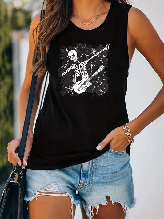 Skull Print Crew Neck Tank Top for Women