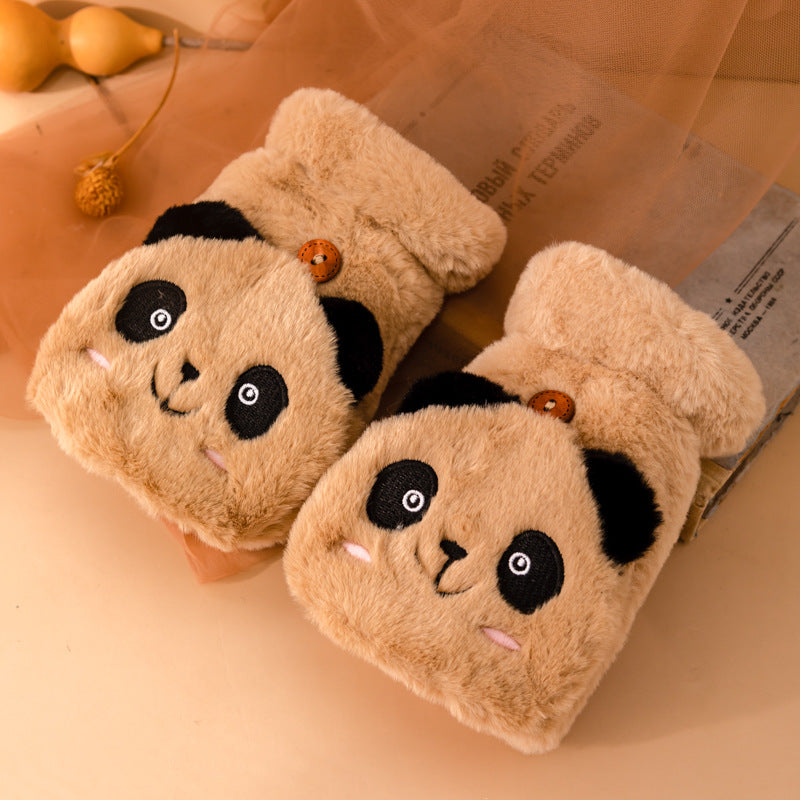Panda Plush Warm Gloves Short Finger Gloves Skiing Cycling Outdoor Gloves