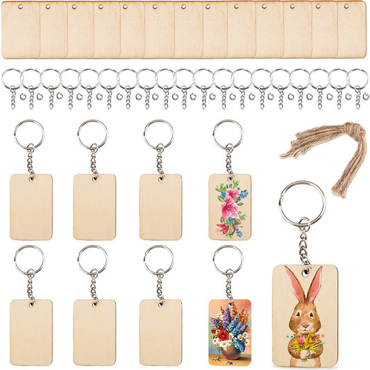 60pcs Wooden Rectangle Keychain Pendant DIY Wood Key Ring Blank Pendant
