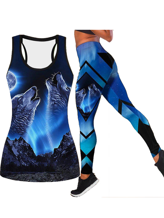  Wolf Print Tank Top & Leggings Set