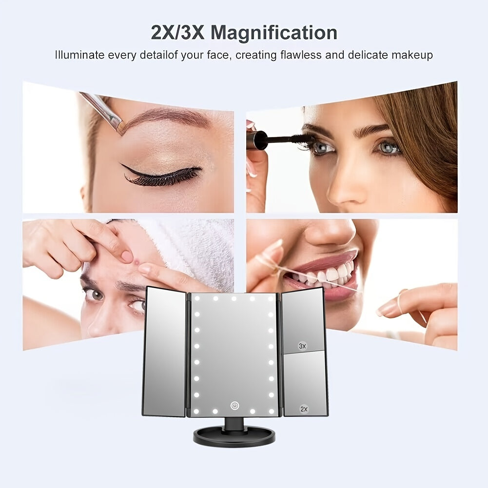 LED Makeup Vanity Mirror 2X 3X Magnification Touch Control Trifold Portable