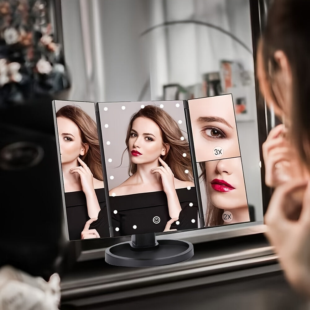 LED Makeup Vanity Mirror 2X 3X Magnification Touch Control Trifold Portable