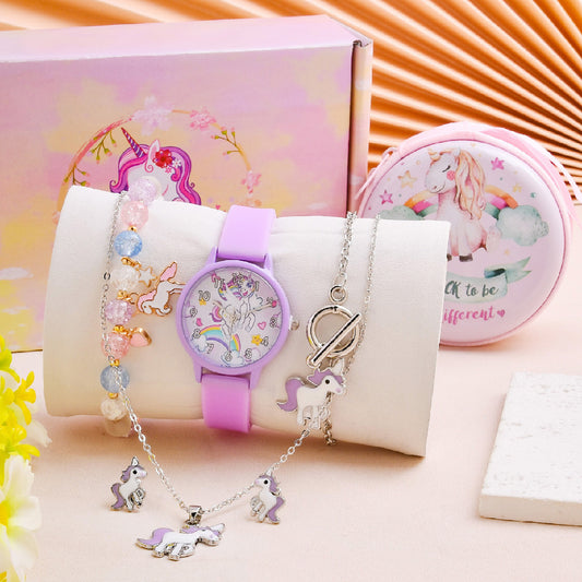 7pcs Cartoon Unicorn Girl's Watch Necklace Bracelet Earrings Coin Purse