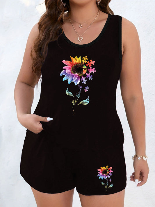  Loungewear Set Sunflower & Puzzle Print Tank Top & Shorts Pajam