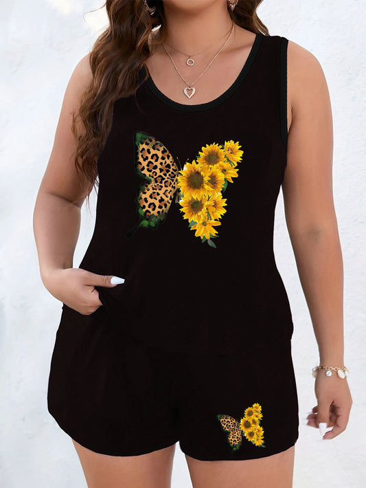  Sunflower & Leopard Butterfly Print Tank Top & Shorts Set