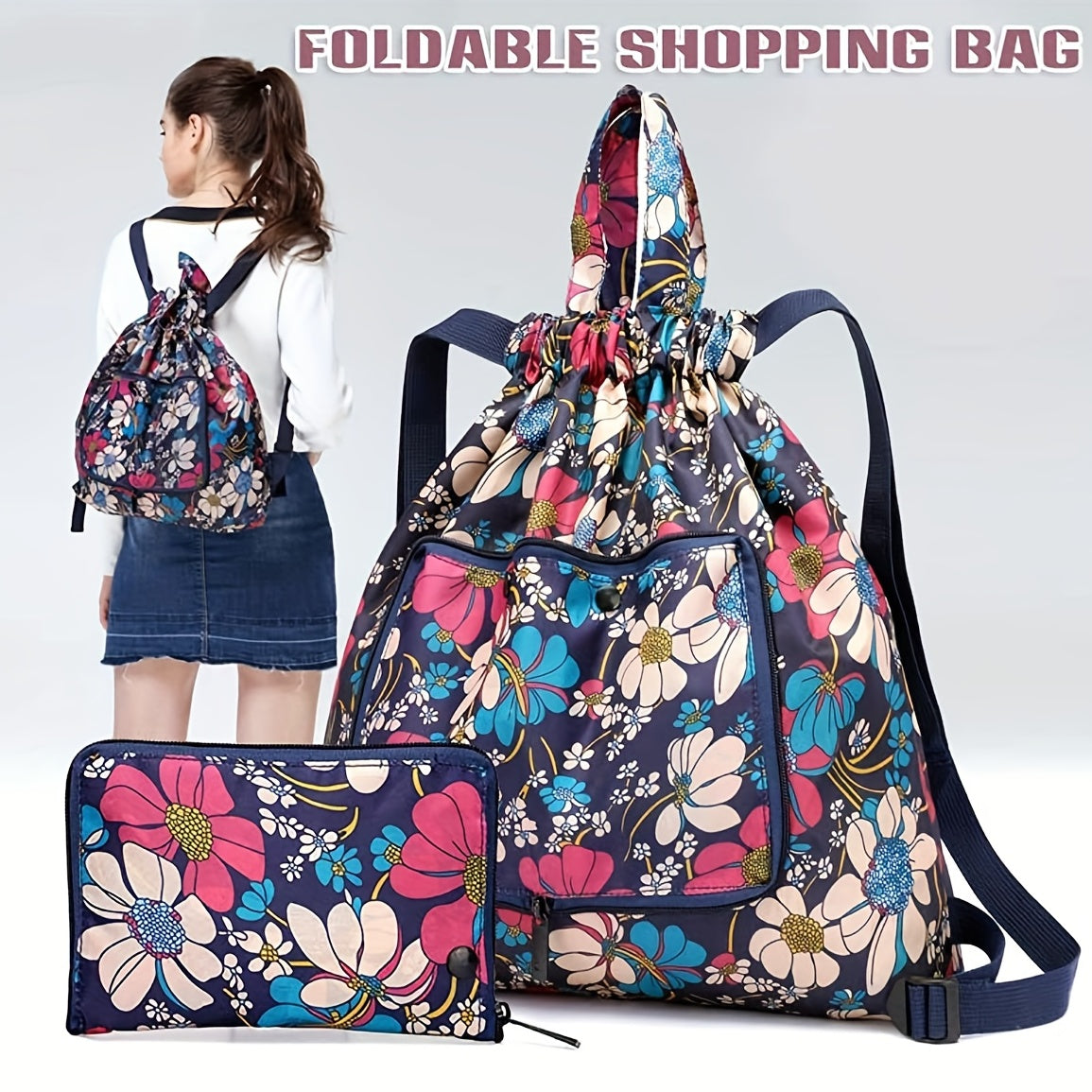 Vintage Flower Pattern Drawstring Backpack with Clutch Pouch