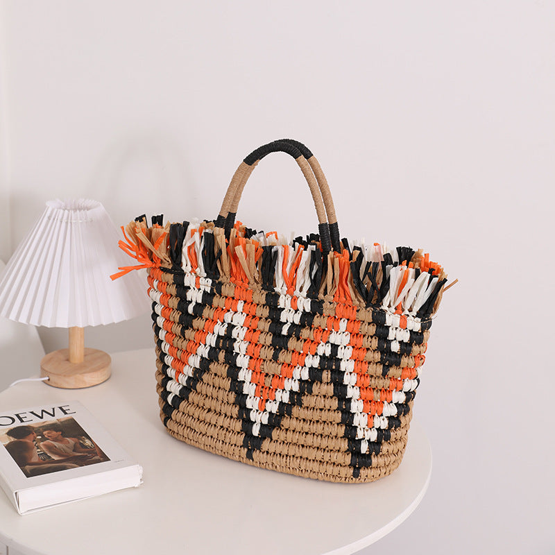 Woven Striped Tote Bag Lightweight Satchel Bucket Bag