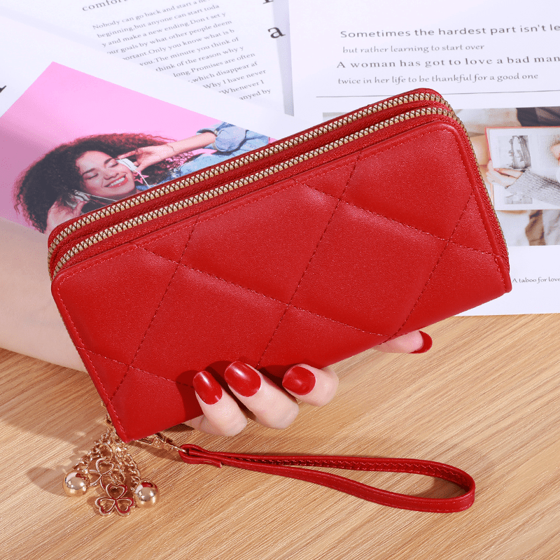 Argyle Quilted Double Zipper Long Wallet Clutch Purses