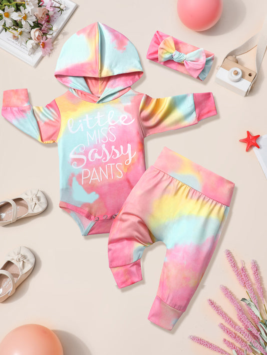Newborn Baby Girl Tie Dye Long Sleeve Hoodie Jumpsuit Pants Set