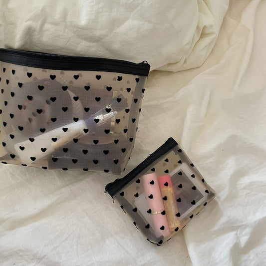 Heart Pattern Makeup Bag Mesh Zipper Makeup Pouch Toiletry Bag