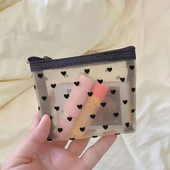 Heart Pattern Makeup Bag Mesh Zipper Makeup Pouch Toiletry Bag