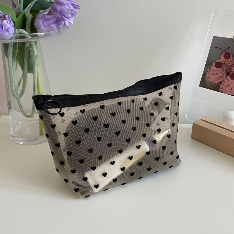 Heart Pattern Makeup Bag Mesh Zipper Makeup Pouch Toiletry Bag