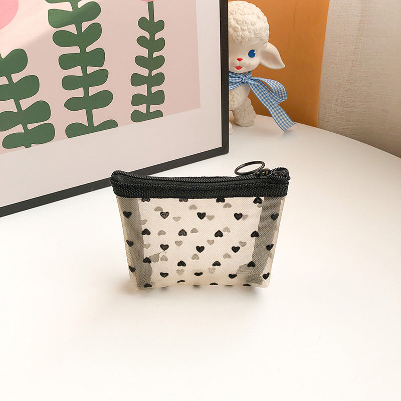 Heart Pattern Makeup Bag Mesh Zipper Makeup Pouch Toiletry Bag