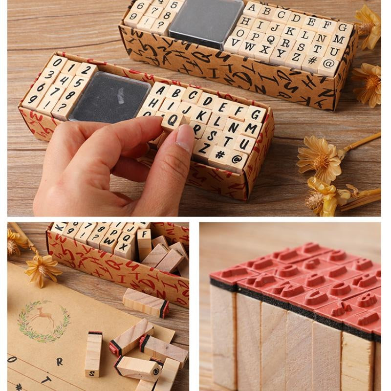 Alphabet Stamps Set Vintage Wooden Rubber Stamp Ink Pad Card Making Scrapbook