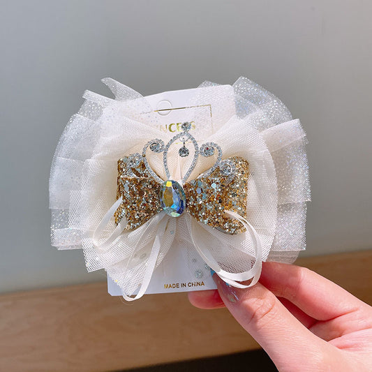 Mesh Little Princess Hair Clips Crown Double Bow Hairpin Girls Gift