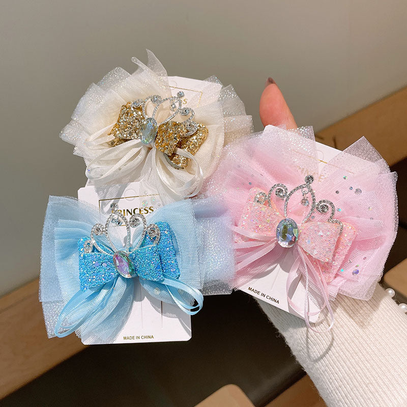 Mesh Little Princess Hair Clips Crown Double Bow Hairpin Girls Gift