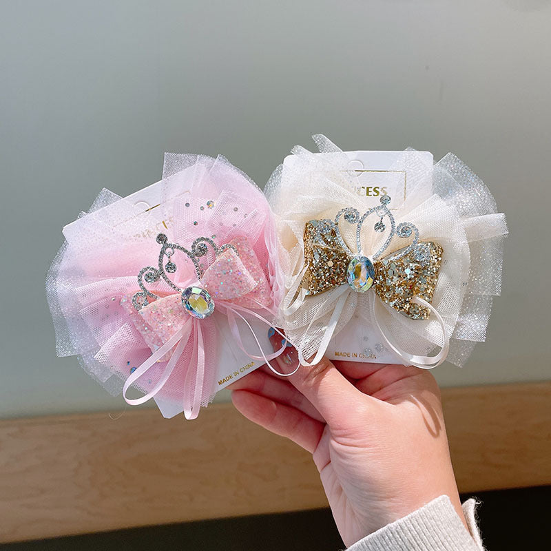 Mesh Little Princess Hair Clips Crown Double Bow Hairpin Girls Gift