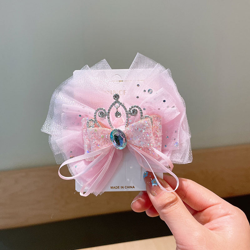 Mesh Little Princess Hair Clips Crown Double Bow Hairpin Girls Gift