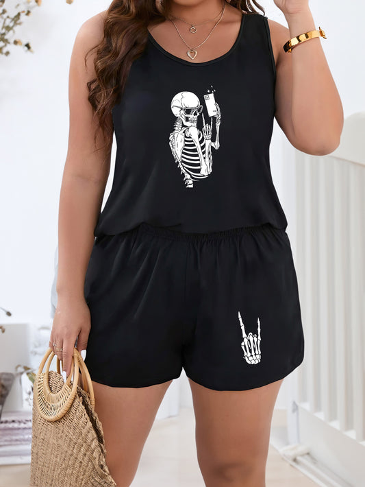  Halloween Loungewear Set Selfie Skull Print Tank Top & Shorts Pajama